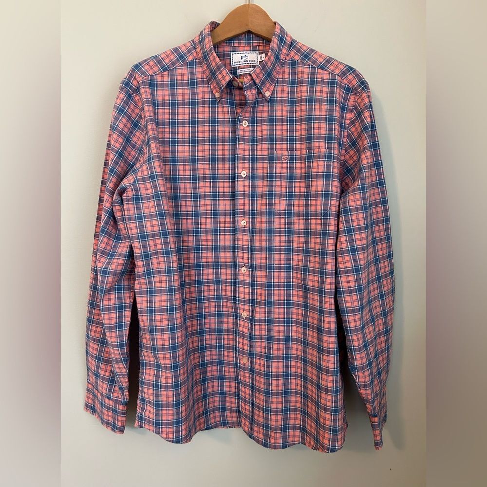 Southern Tide Linen Blend Trim Fit Plaid Button Down Shirt Pink &‎ Blue, Large
